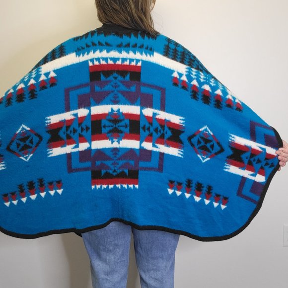 Made in Ecuador Southwestern Blanket Poncho Chief Joseph Super Soft Teal Blue - Picture 7 of 10